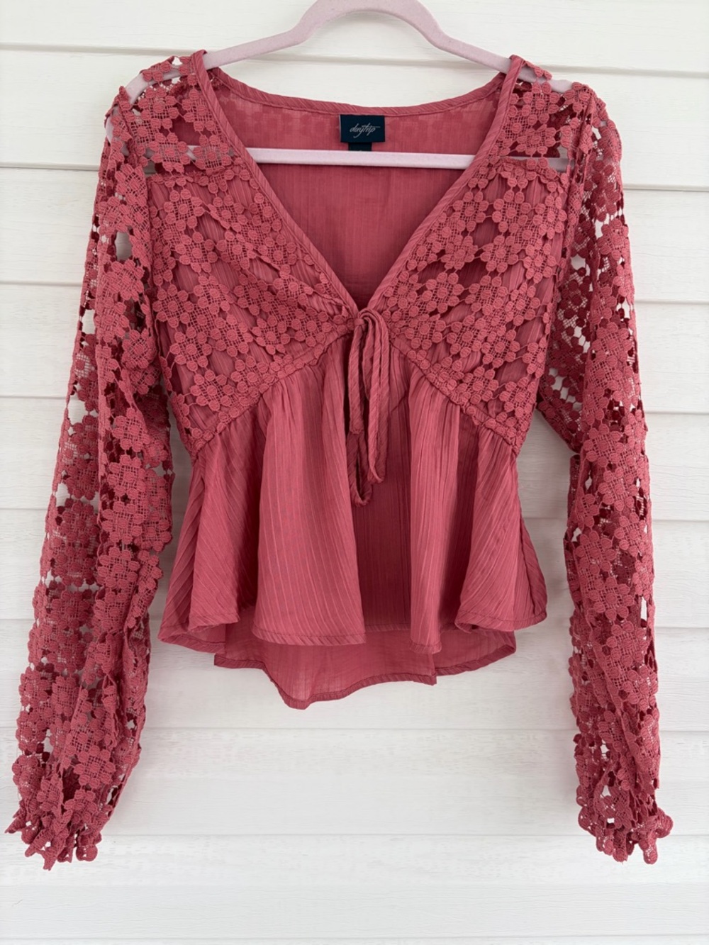 Daytrip Floral Lace Peplum Blouse Rust Feminine Boho Flowy Babydoll Top